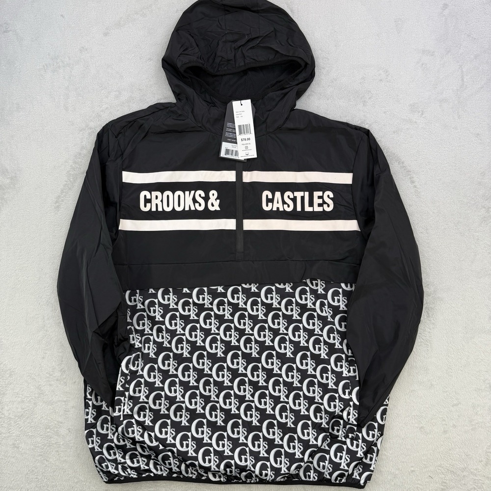 Crooks & Castles Windbreaker Mens 2XL Black Monogram Quarter Zip Jacket